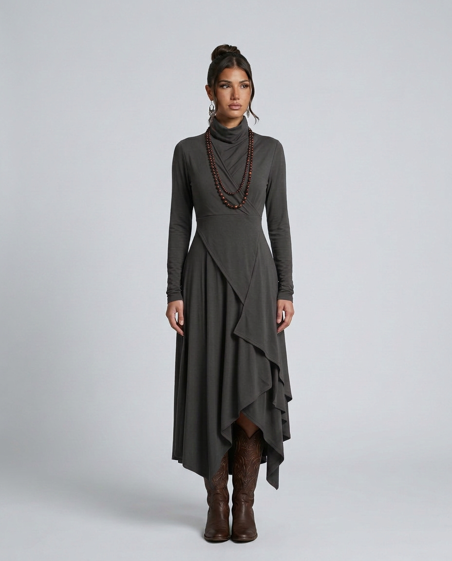 Virgie | Asymmetrical Draped Maxi Dress with Turtleneck