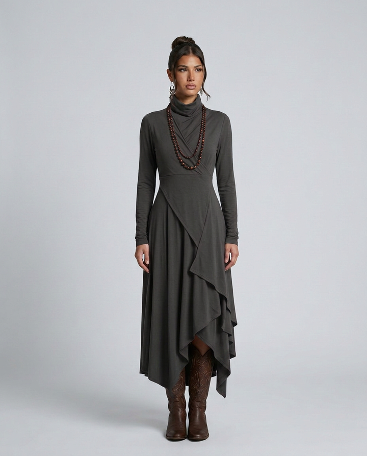 Virgie | Asymmetrical Draped Maxi Dress with Turtleneck