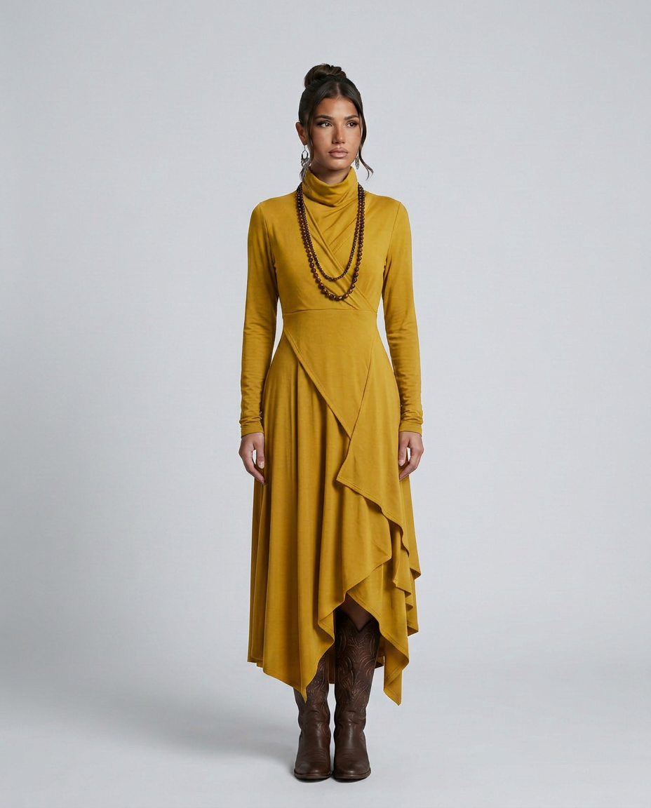 Virgie | Asymmetrical Draped Maxi Dress with Turtleneck
