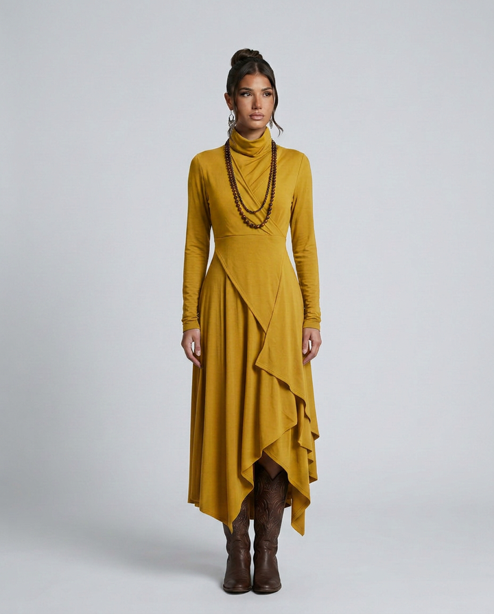 Virgie | Asymmetrical Draped Maxi Dress with Turtleneck