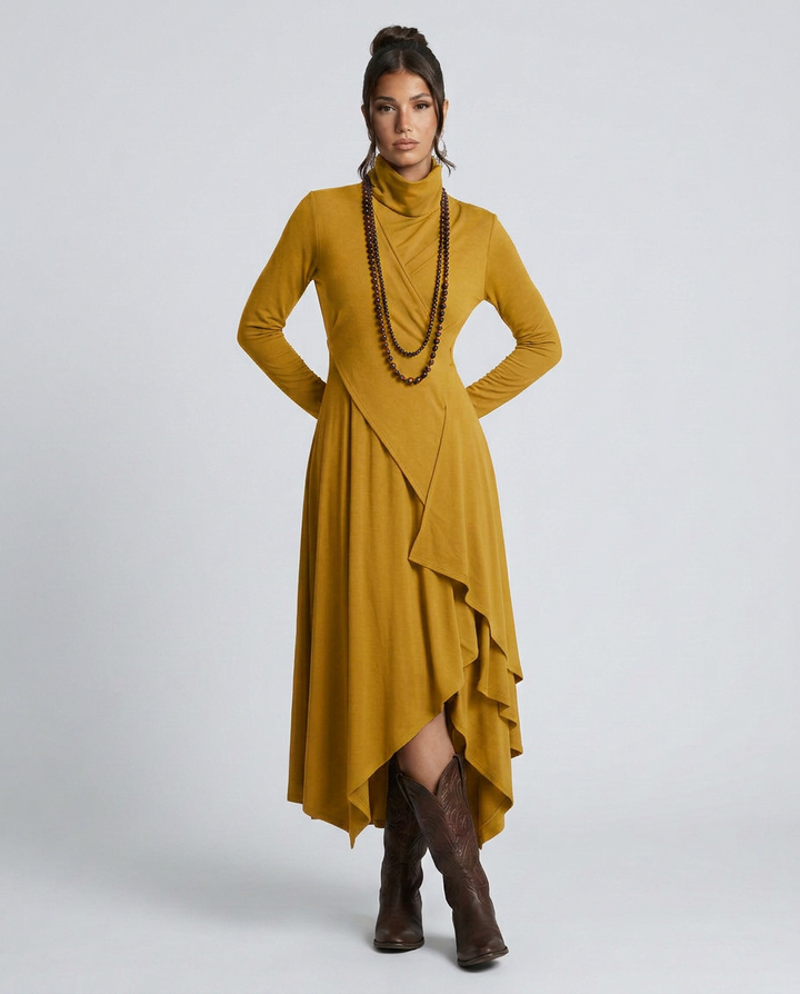 Virgie | Asymmetrical Draped Maxi Dress with Turtleneck