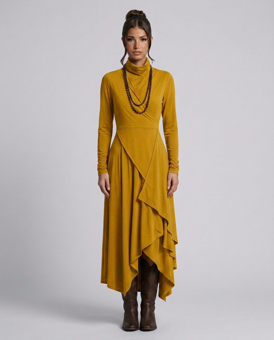 Virgie | Asymmetrical Draped Maxi Dress with Turtleneck