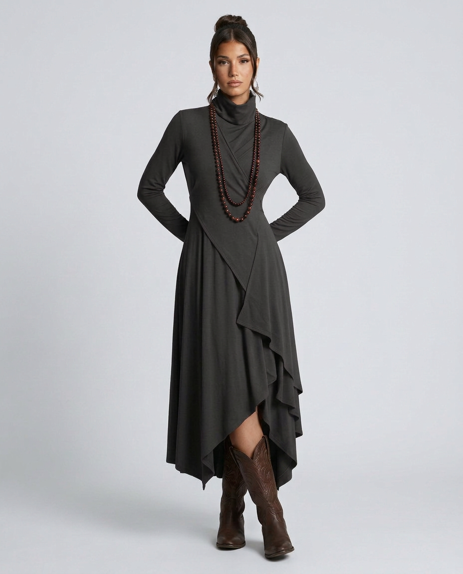 Virgie | Asymmetrical Draped Maxi Dress with Turtleneck