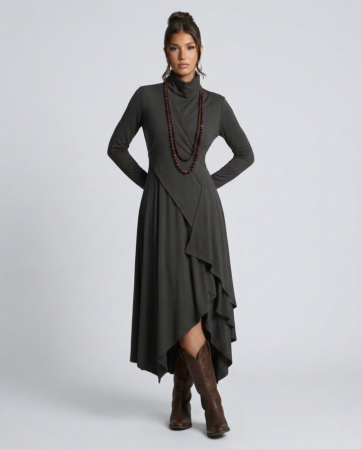 Virgie | Asymmetrical Draped Maxi Dress with Turtleneck