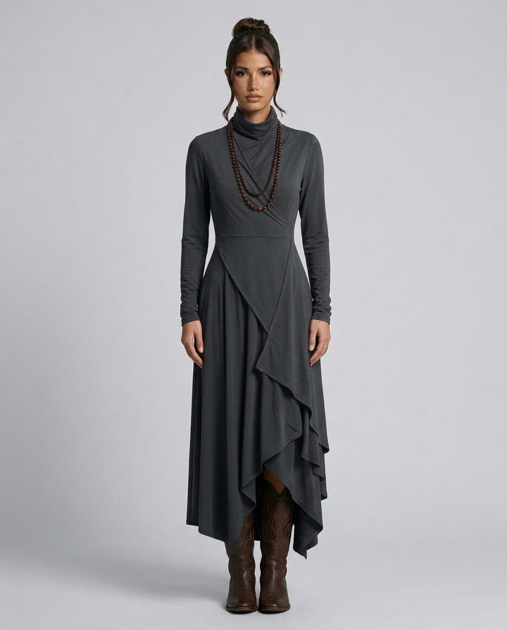 Virgie | Asymmetrical Draped Maxi Dress with Turtleneck