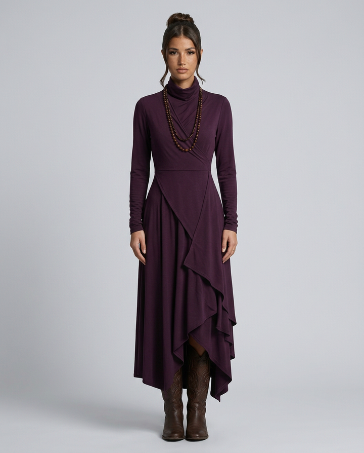 Virgie | Asymmetrical Draped Maxi Dress with Turtleneck