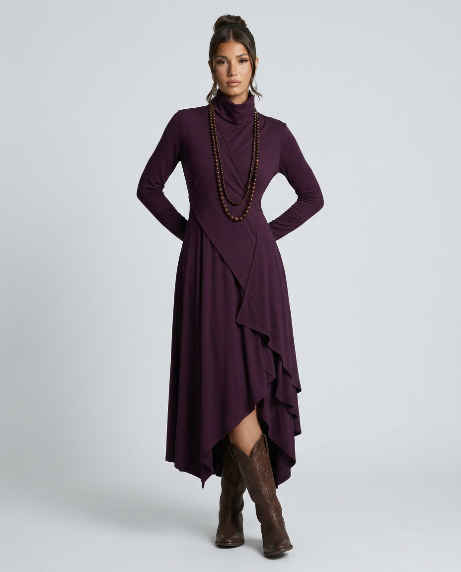 Virgie | Asymmetrical Draped Maxi Dress with Turtleneck