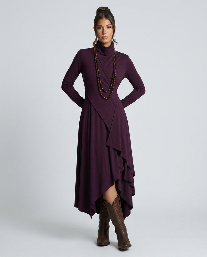 Virgie | Asymmetrical Draped Maxi Dress with Turtleneck