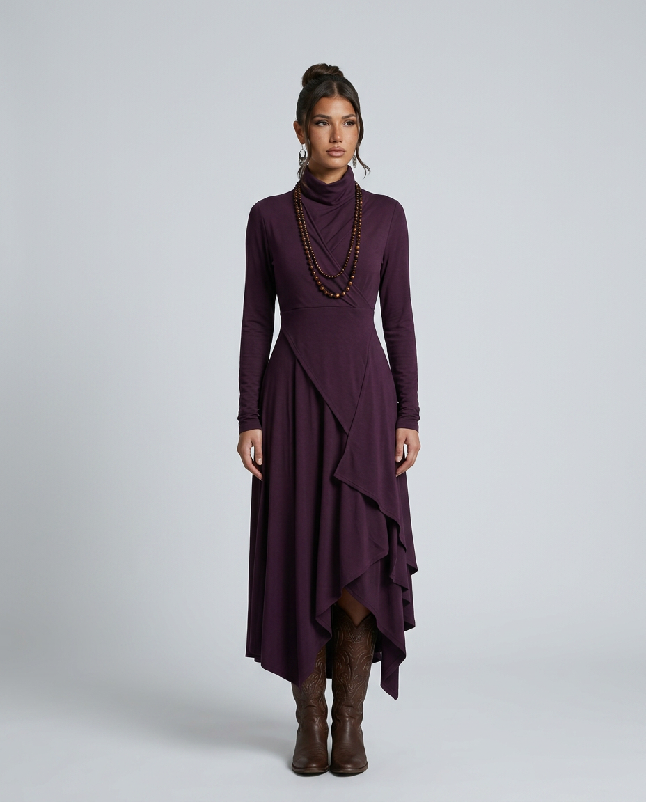 Virgie | Asymmetrical Draped Maxi Dress with Turtleneck