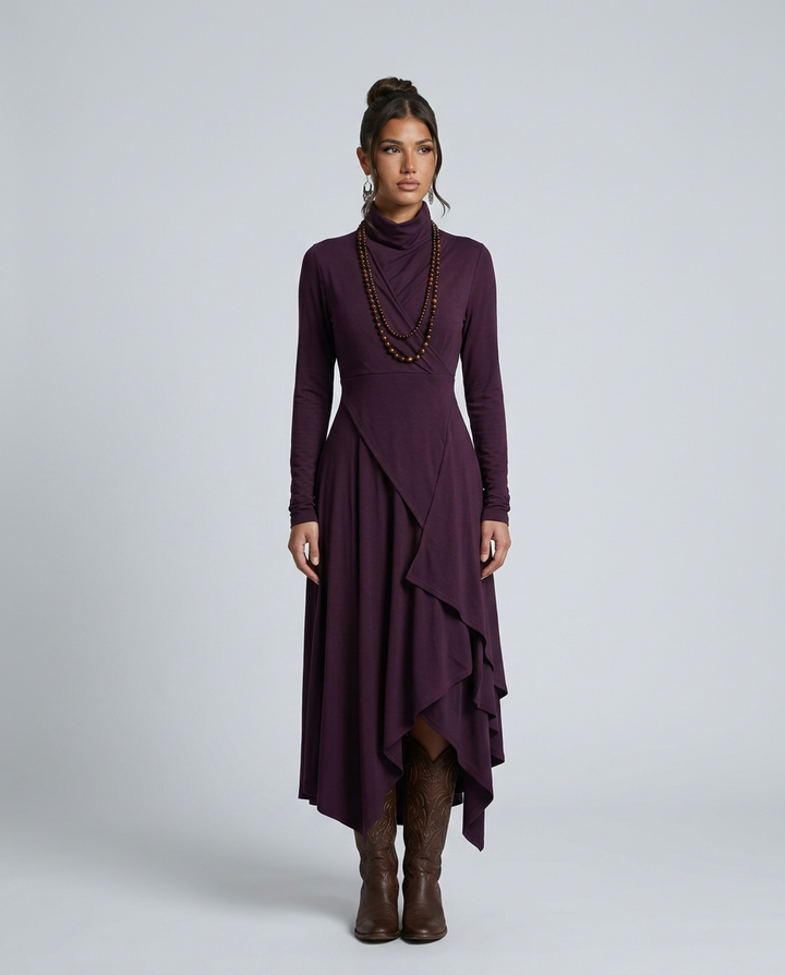 Virgie | Asymmetrical Draped Maxi Dress with Turtleneck