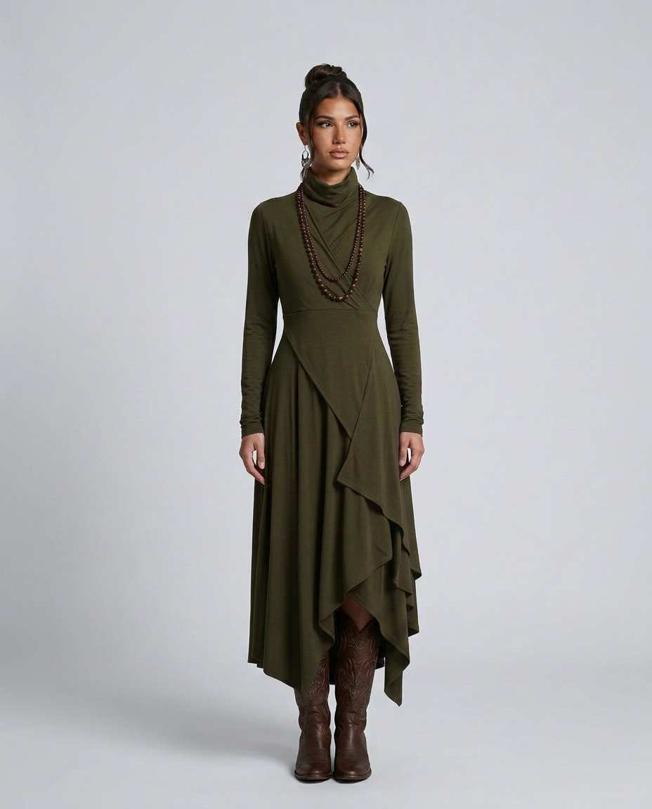 Virgie | Asymmetrical Draped Maxi Dress with Turtleneck