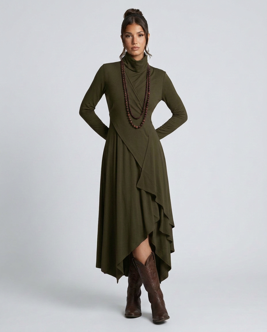 Virgie | Asymmetrical Draped Maxi Dress with Turtleneck