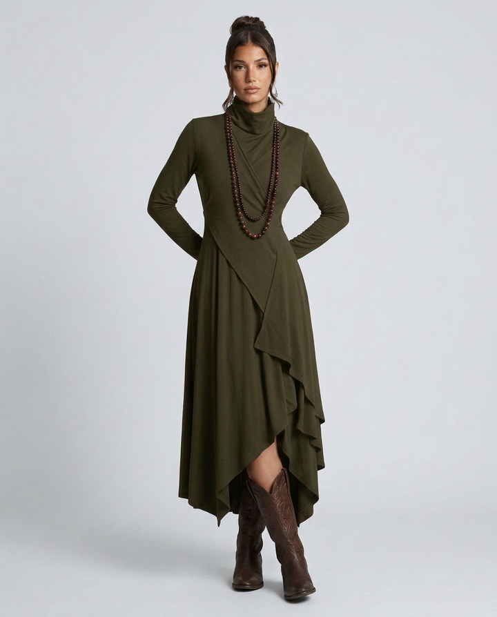 Virgie | Asymmetrical Draped Maxi Dress with Turtleneck