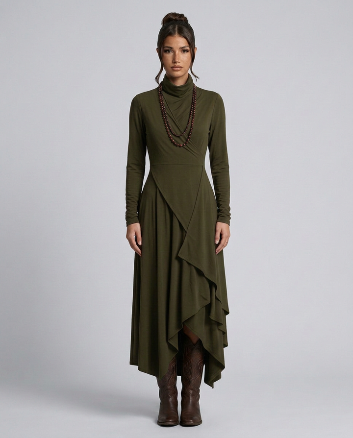 Virgie | Asymmetrical Draped Maxi Dress with Turtleneck