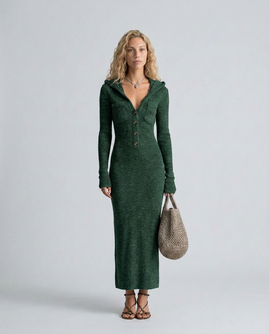 Lupe | Slim-Fit Knitted Maxi Dress with Hood