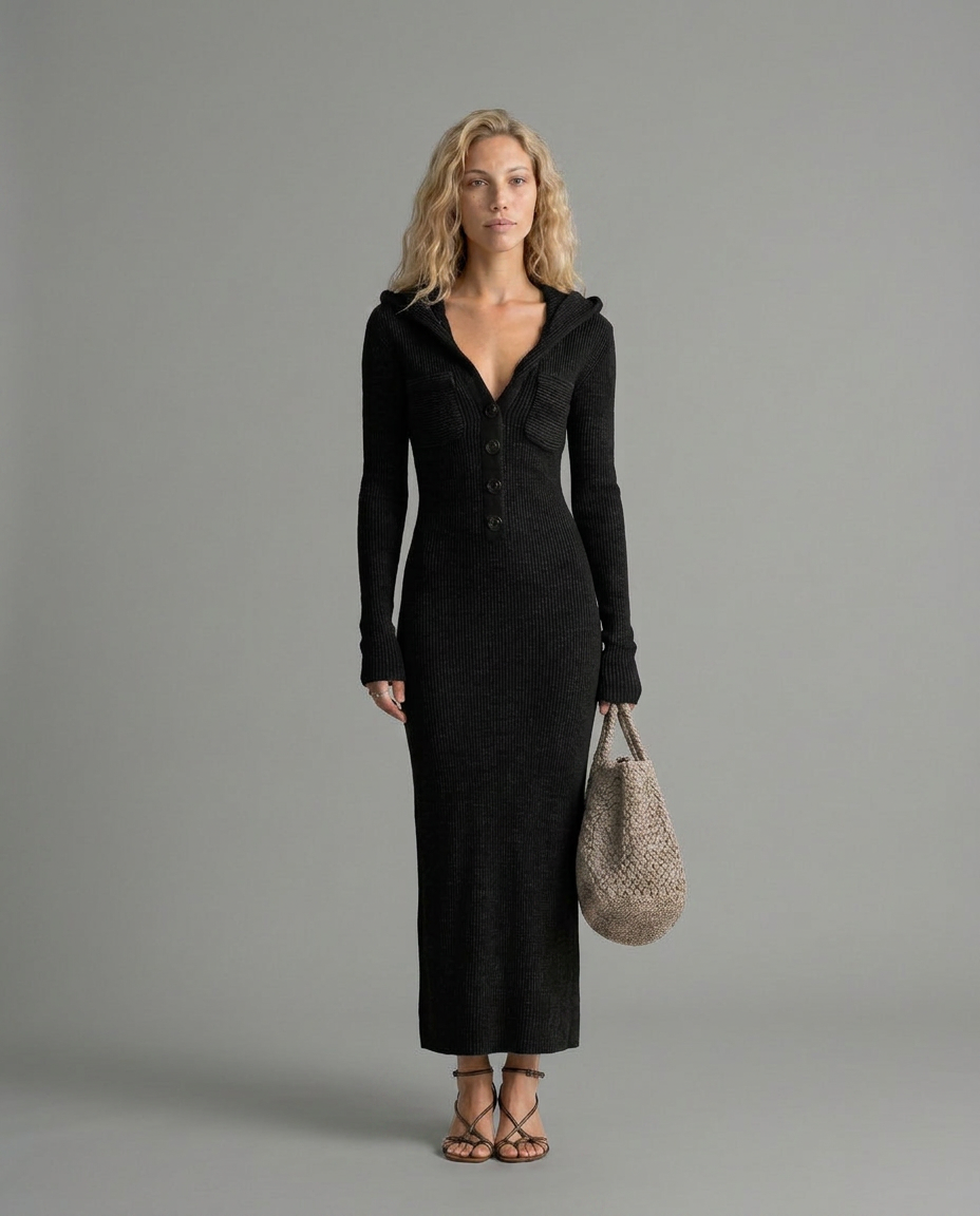Lupe | Slim-Fit Knitted Maxi Dress with Hood