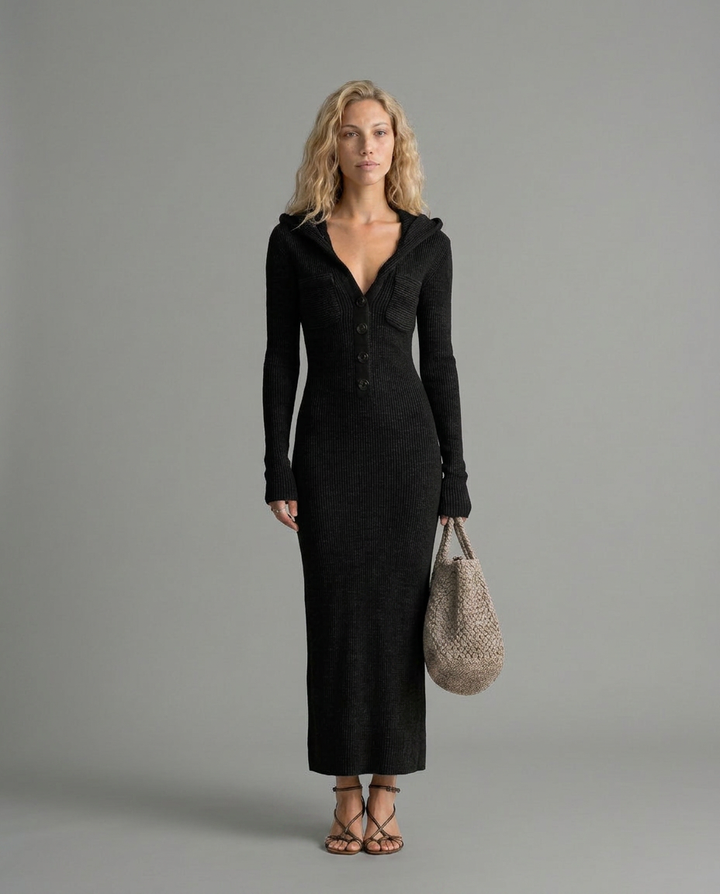Lupe | Slim-Fit Knitted Maxi Dress with Hood