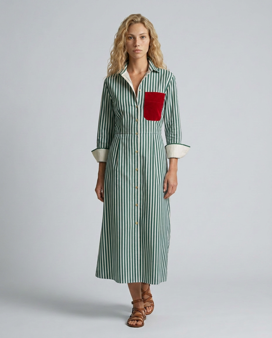 Marina | Striped Shirt Dress with Red Chest Pocket
