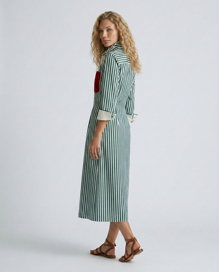Marina | Striped Shirt Dress with Red Chest Pocket