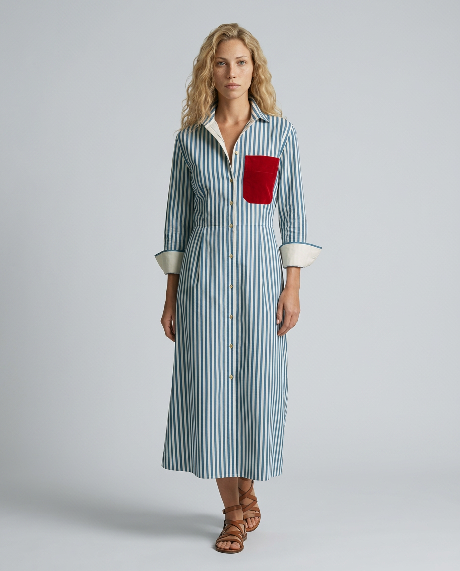 Marina | Striped Shirt Dress with Red Chest Pocket