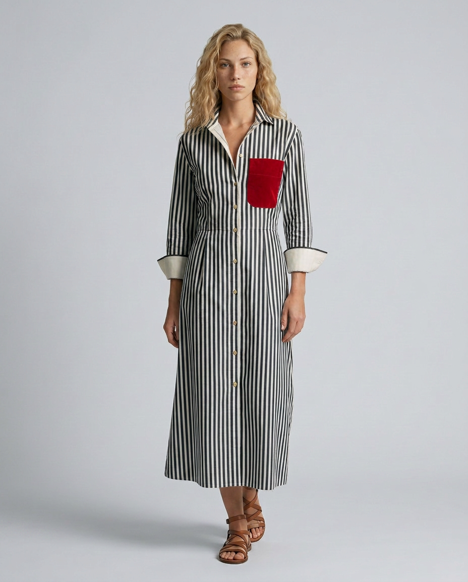 Marina | Striped Shirt Dress with Red Chest Pocket