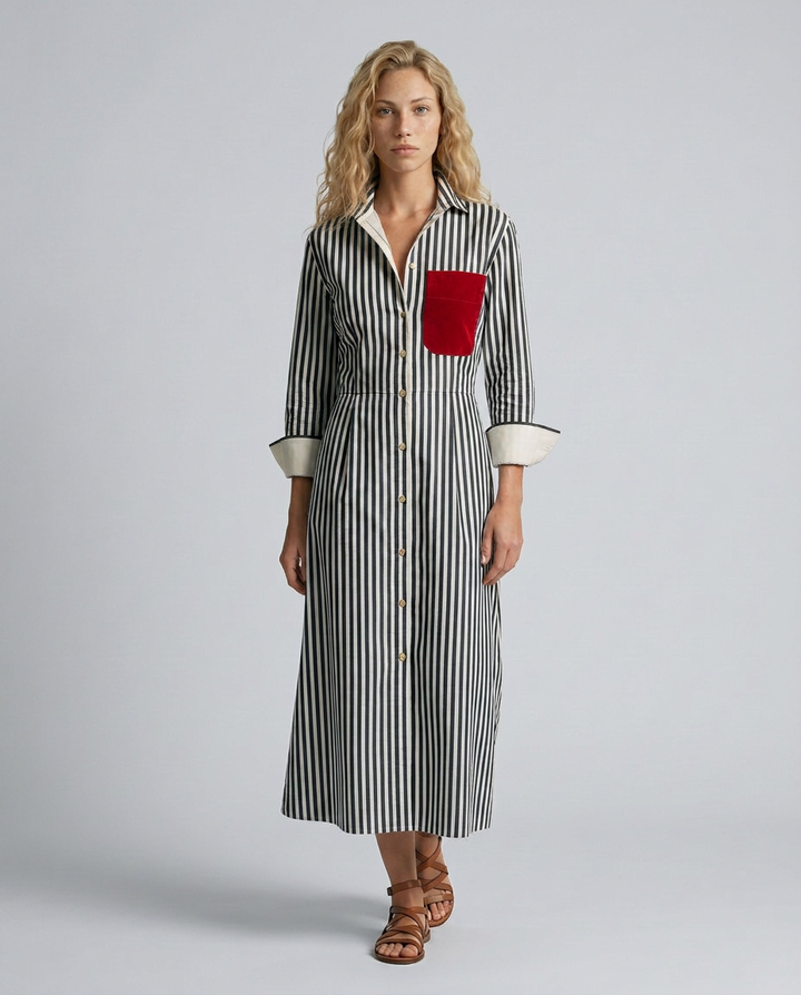 Marina | Striped Shirt Dress with Red Chest Pocket
