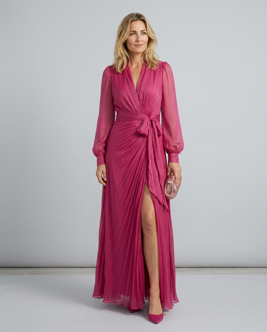 Pearl | Rose Pink Chiffon V-Neck Tie-Waist Maxi