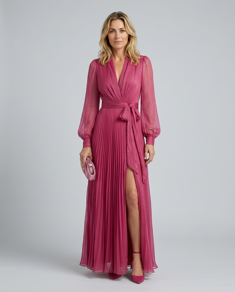Pearl | Rose Pink Chiffon V-Neck Tie-Waist Maxi
