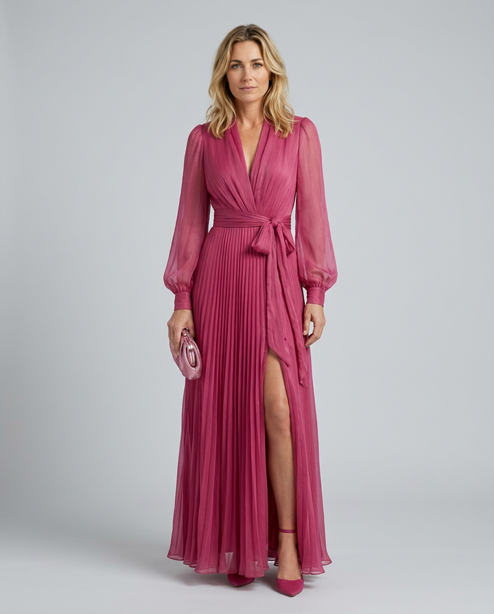 Pearl | Rose Pink Chiffon V-Neck Tie-Waist Maxi