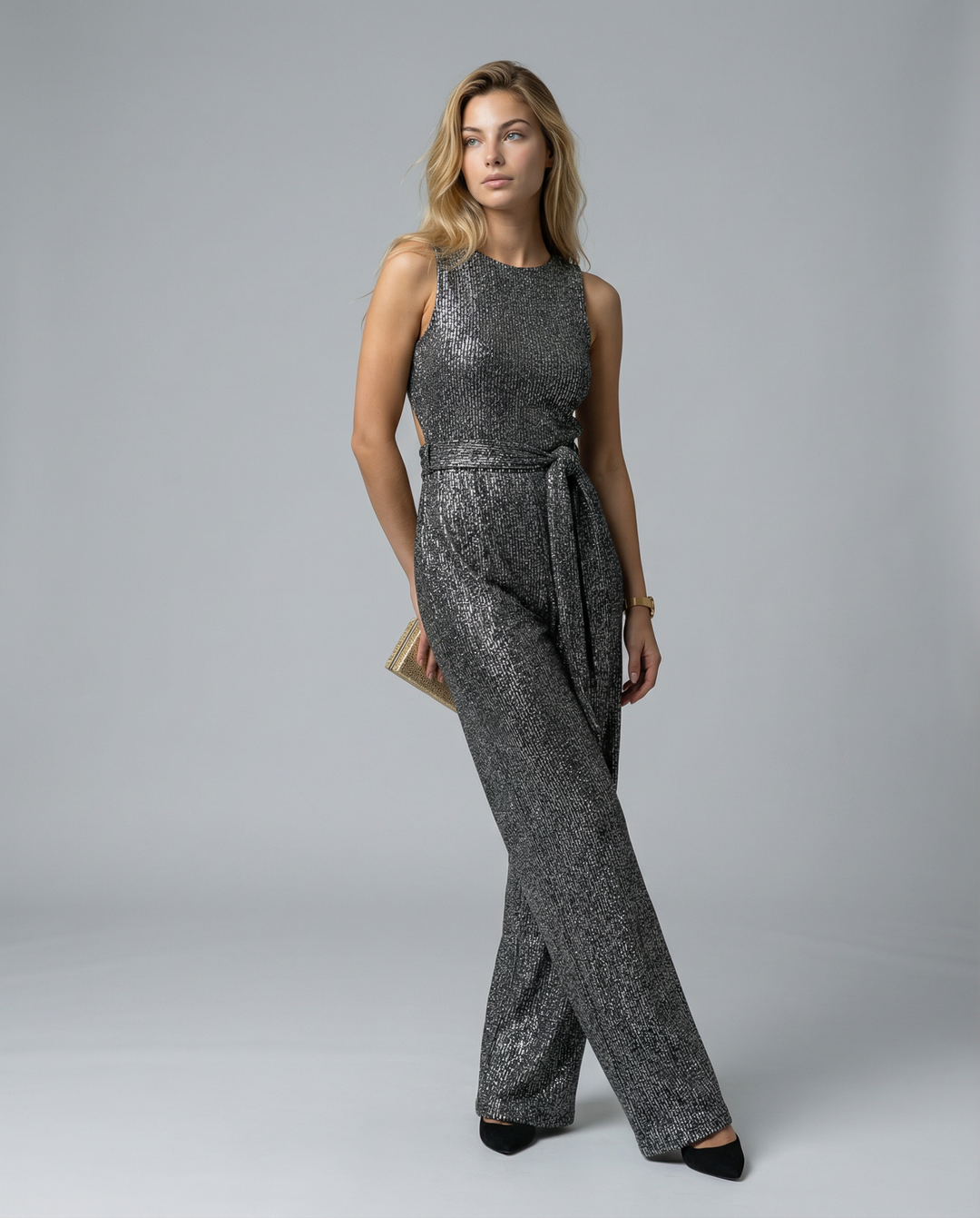 Celeste | Sleeveless Sequin Jumpsuit with Open Back
