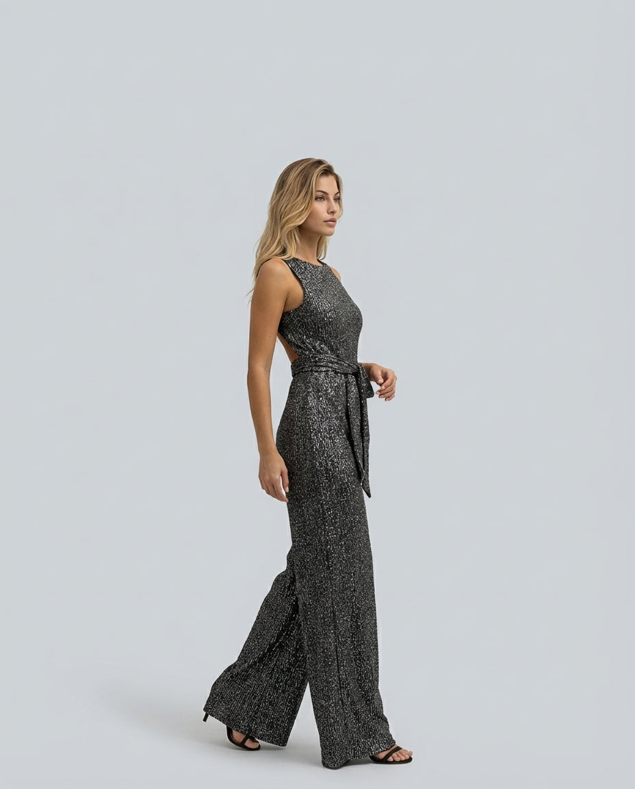 Celeste | Sleeveless Sequin Jumpsuit with Open Back