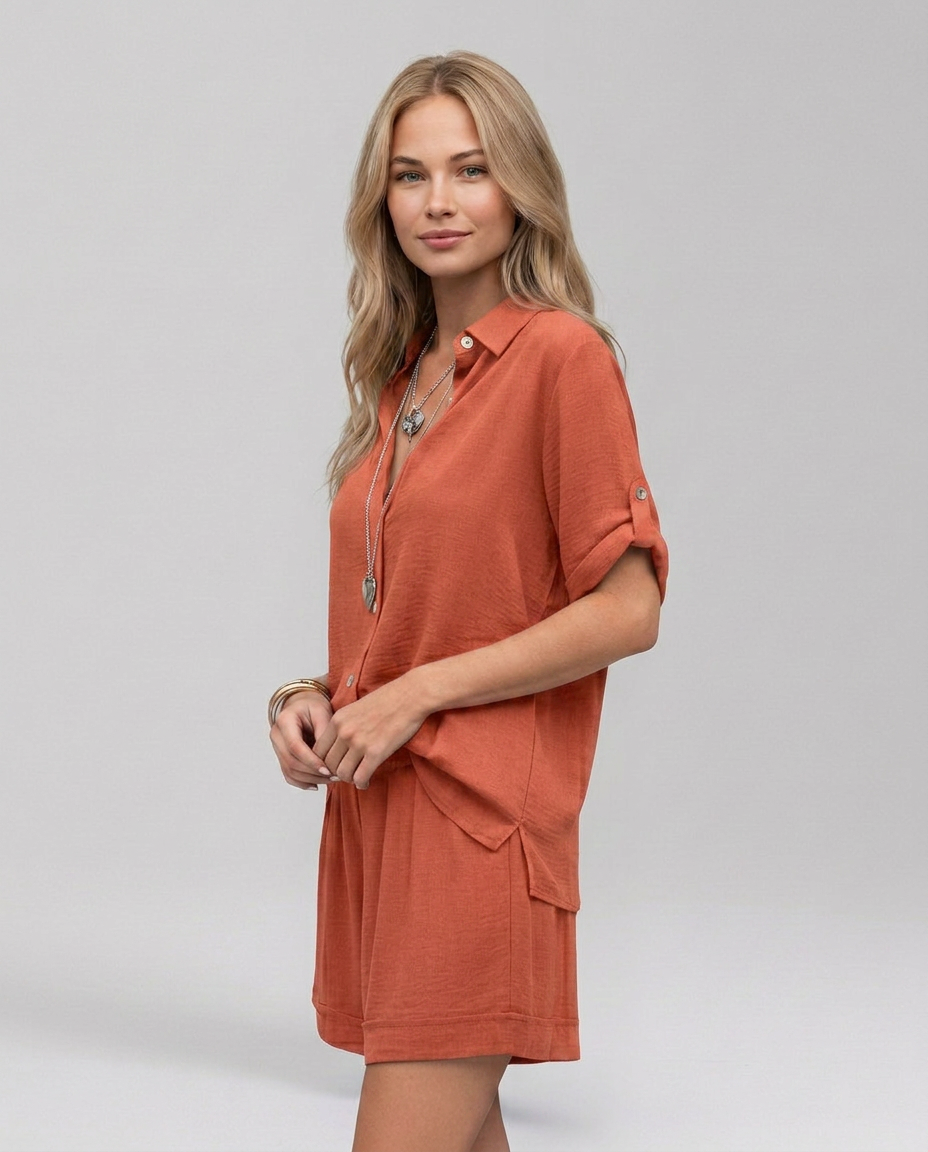 Phyllis | Short Sleeve Set with Button Front