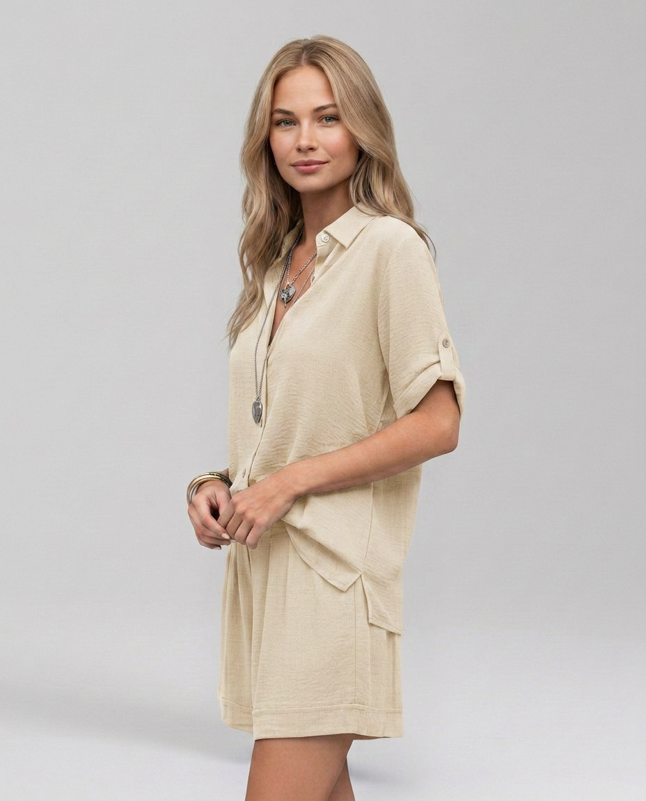 Phyllis | Short Sleeve Set with Button Front