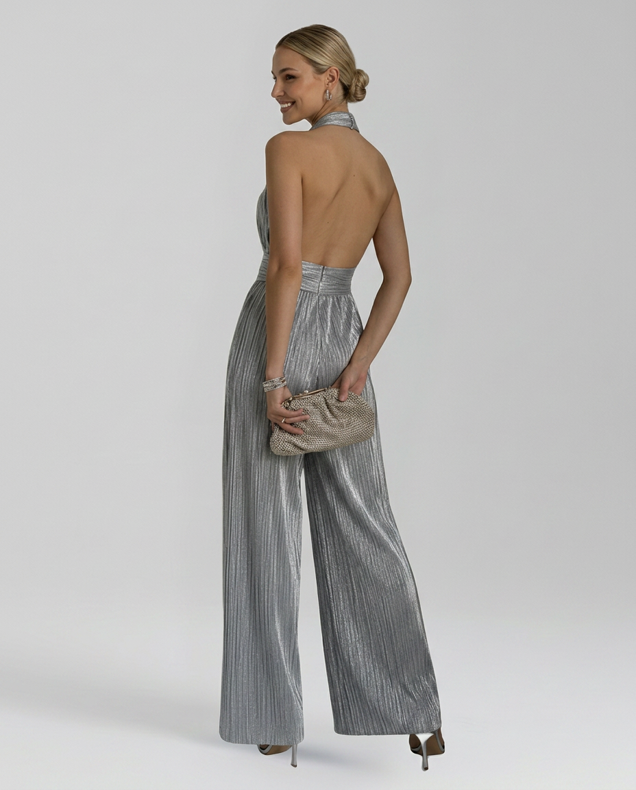 Stella | Halter Neck Jumpsuit with Pleated Wide Legs