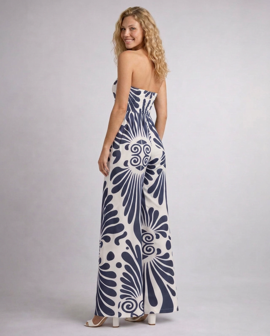 Rene | Strapless Printed Jumpsuit with Wide Legs
