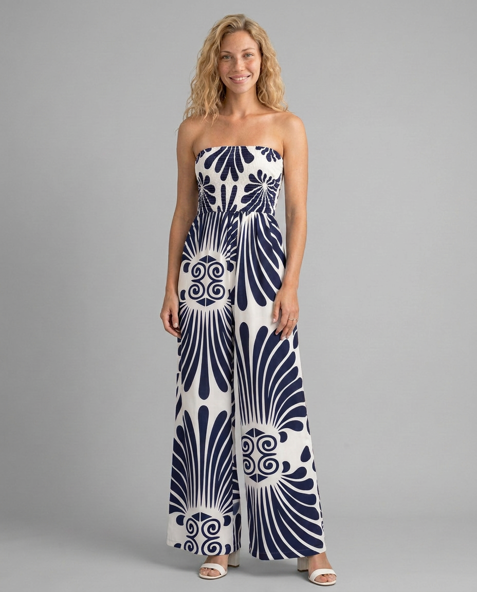 Rene | Strapless Printed Jumpsuit with Wide Legs