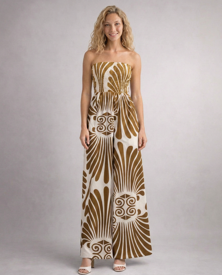 Rene | Strapless Printed Jumpsuit with Wide Legs