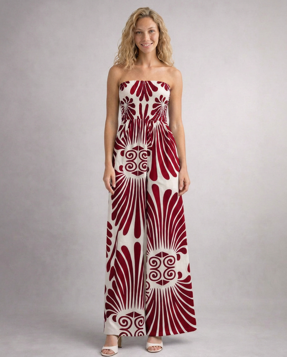 Rene | Strapless Printed Jumpsuit with Wide Legs