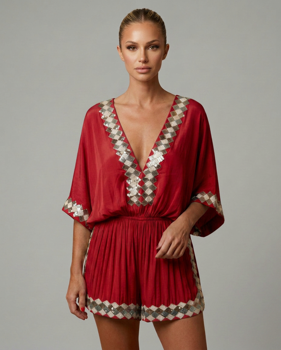 Nita | V-Neck Playsuit with Embellished Trim