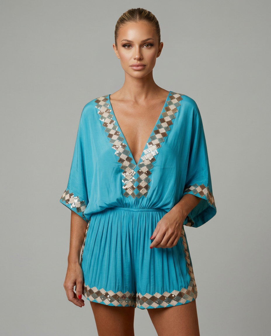 Nita | V-Neck Playsuit with Embellished Trim