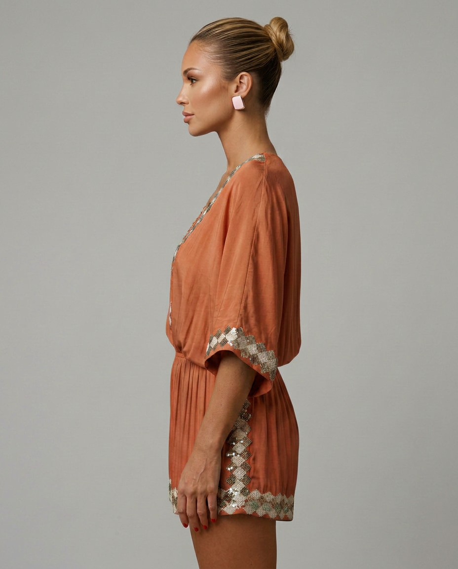 Nita | V-Neck Playsuit with Embellished Trim