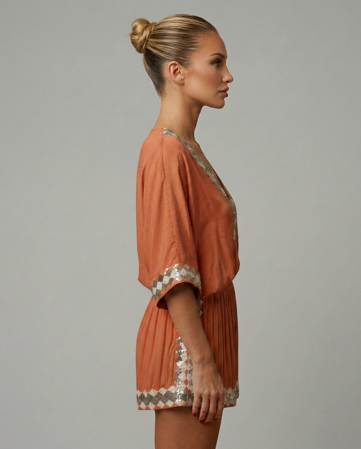 Nita | V-Neck Playsuit with Embellished Trim