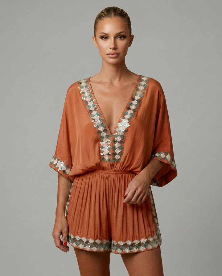 Nita | V-Neck Playsuit with Embellished Trim