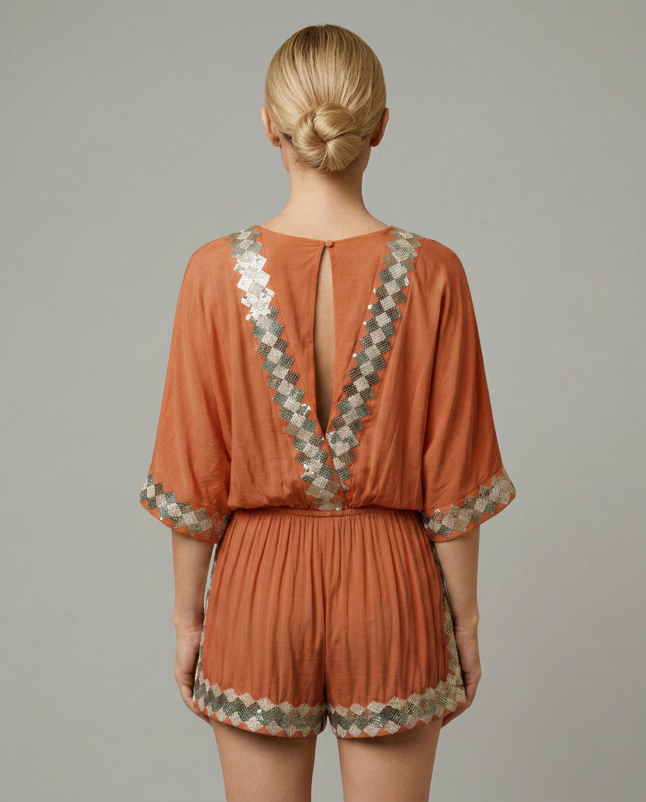 Nita | V-Neck Playsuit with Embellished Trim