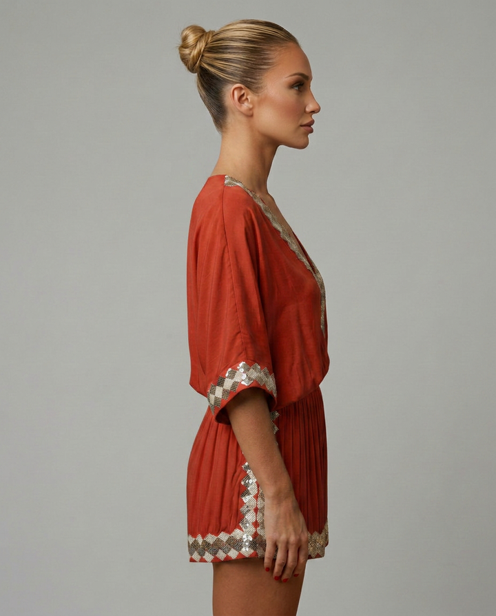 Nita | V-Neck Playsuit with Embellished Trim
