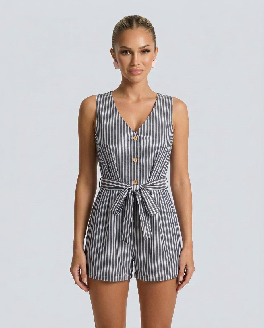 Jill | Romper with V-Neckline and Vertical Stripes