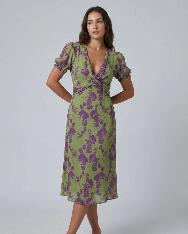 Virelle | Printed Midi Dress with Puff Sleeves
