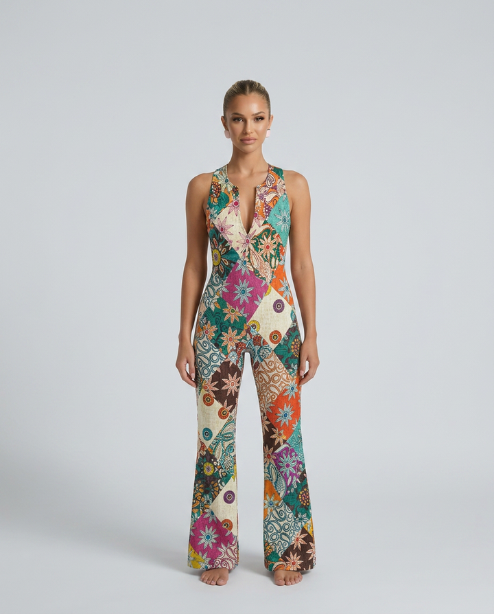 Elvia | Floral Denim Jumpsuit with Open Back