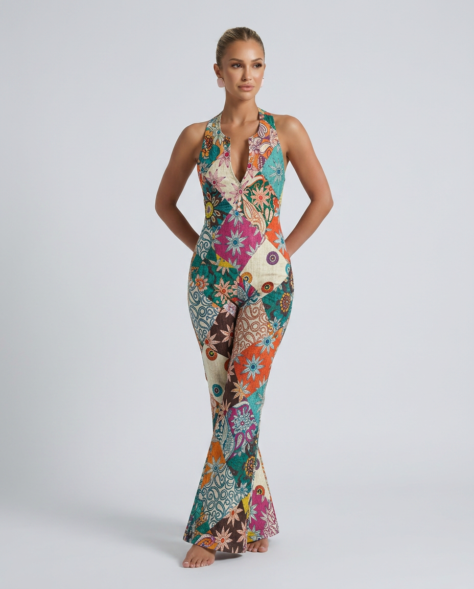 Elvia | Floral Denim Jumpsuit with Open Back