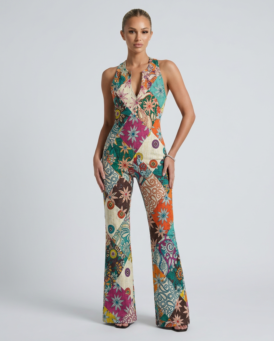 Elvia | Floral Denim Jumpsuit with Open Back